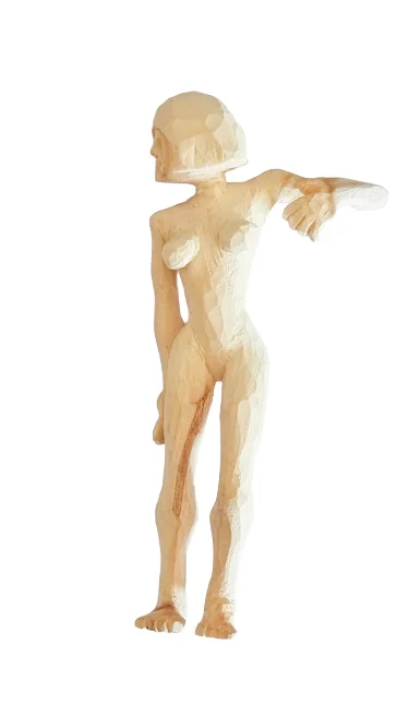 Standing hand-carved wooden figure in profile by Ilias Toliadis