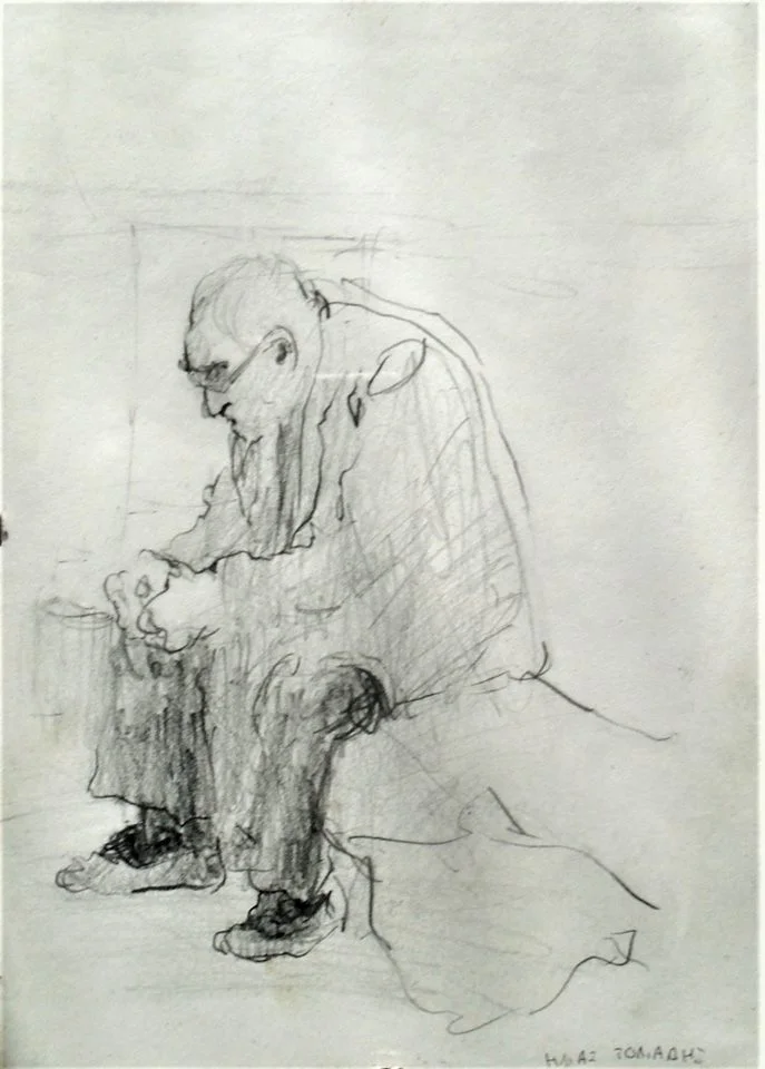 Pencil drawing of the artist's grandfather seated